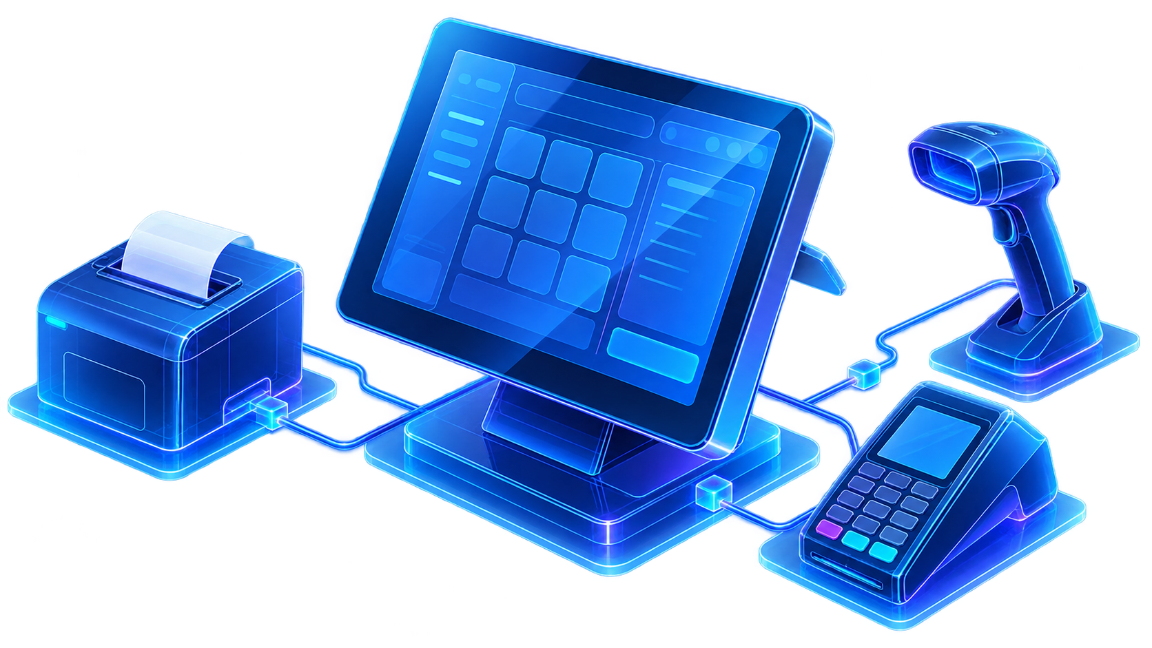 Ilustración tecnológica en azul de una terminal de punto de venta conectada a sus periféricos